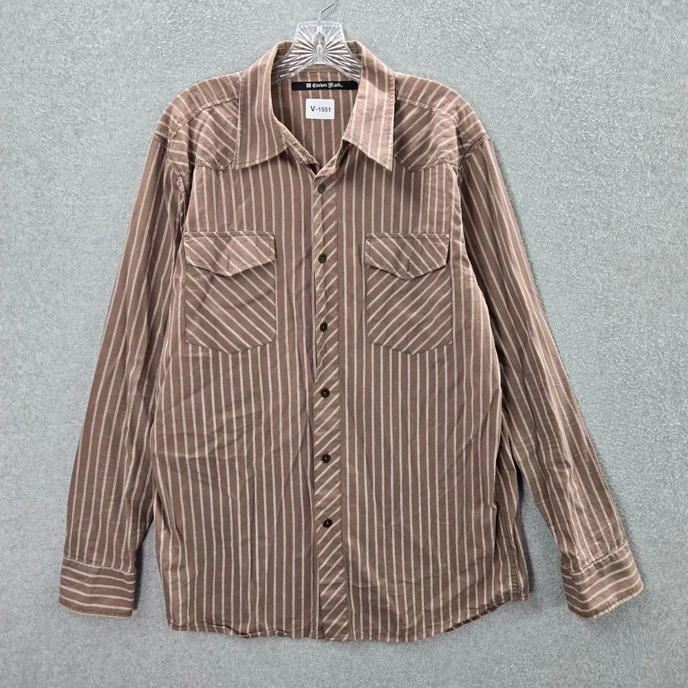 Carbon Black Men‎ Button Up Shirt Large Brown Striped Y2K Grunge Crest Studded